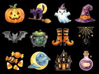 Spooky Halloween icons collection featuring jack-o-lantern, black cat, ghost, witch hat, bat, cauldron, witch boots, spider web, candy, moon, haunted house and potion bottle isolated on transparent background. Ready for t-shirts, stickers, clipart and print-on-demand designs.
