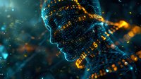 Digital profile with glowing binary code and data streams in blue and orange colors against dark background creating futuristic artificial intelligence concept.
