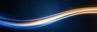 Glowing orange and blue light trails curve across dark background creating dynamic wave effect, suitable for technology and motion concepts.