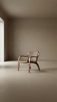 Mid-century modern wooden armchair with woven seat and backrest in minimalist beige interior space, suitable for furniture design and home decor projects.