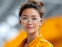 Young Asian woman wearing protective safety glasses and yellow workwear jacket smiles confidently against blurred industrial background. Professional workplace portrait.