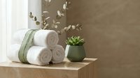 Spa wellness setup with rolled white towels, green succulent plant and eucalyptus branches on wooden shelf creating peaceful bathroom atmosphere.