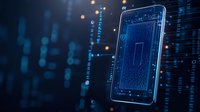 Digital smartphone displaying glowing circuit patterns and data streams against dark background with bokeh lights, representing mobile technology and connectivity.