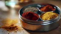 Vibrant aromatic spices in metal masala box with turmeric, paprika and traditional Indian seasonings scattered on wooden surface in warm natural lighting.