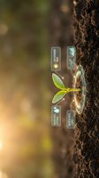 Digital plant seedling emerging from soil with holographic data interface displaying growth analytics and environmental monitoring systems.