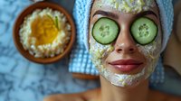 Young woman with cucumber slices on eyes and facial mask relaxing at spa. Wellness and skincare treatment with natural ingredients and egg yolk mask.