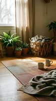 Cozy home interior with potted plants, woven basket, warm sunlight streaming through sheer curtains, and mugs on wooden floor for lifestyle and home decor design projects.