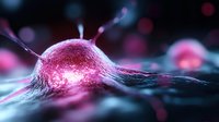 Glowing pink cancer cell with extending tendrils against dark background illustrates medical research and disease progression at microscopic level.