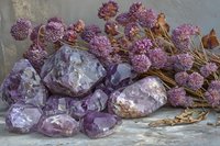 Raw amethyst crystal clusters with dried pink flowers on rustic surface, creating mystical healing stones arrangement with natural botanical elements.