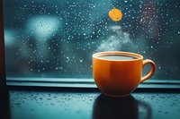 Orange ceramic cup with hot beverage near rainy window at night, full moon glowing through clouds creates cozy atmospheric scene with water droplets on glass.