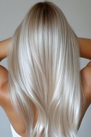 Back view of long platinum blonde hair with smooth, silky texture showing professional coloring and styling technique against neutral background.
