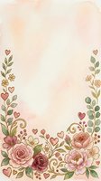 Watercolor floral frame with roses, hearts, and botanical elements on soft beige background. Isolated design with empty center space, ready for text, invitations, greeting cards, and wedding stationery projects.