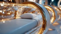 Futuristic medical scanning tube with glowing golden lights and white patient bed, modern hospital diagnostic equipment for healthcare examination.