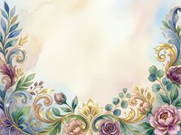 Ornate floral frame with roses, peonies and scrolling gold accents on cream background. Vintage botanical border design for invitations, cards and decorative projects.