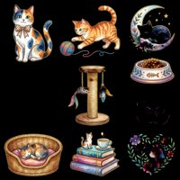 Cute cat clipart set isolated on transparent background, featuring playful kittens, scratching post, pet bowl, and floral heart for stickers, T-shirts, print on demand.