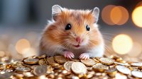 Adorable ginger hamster sitting on pile of golden coins against blurred bokeh lights background, financial concept and savings metaphor.