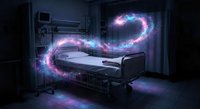 Futuristic hospital room with glowing energy streams around medical bed creating sci-fi healthcare atmosphere for technology and medicine concepts.