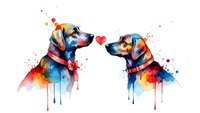 Two colorful watercolor dogs facing each other with red heart between them on white background. Romantic pet love concept for Valentine's Day cards.
