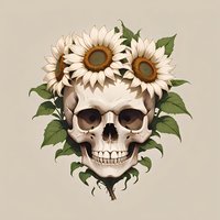 Artistic skull adorned with white sunflowers and green leaves creates gothic romantic composition on beige background, suitable for alternative fashion designs.