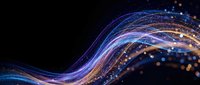 Glowing neon wave with blue, purple and gold light trails and sparkling particles on dark background for tech or futuristic design.
