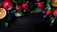 Fresh berries, apple, orange slices and green leaves arranged in arc composition on dark background. Moody food photography with natural lighting and copy space.