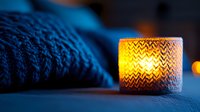 Glowing candle in textured glass holder casting warm light against cozy knitted blanket, creating intimate atmosphere for relaxation and comfort period.