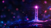 Glowing lighthouse silhouette with magical sparkles and bokeh lights against dark background creates dreamy night scene in pink and blue colors.