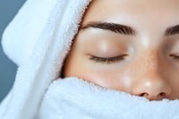 Close up of young woman with natural freckles wrapped in soft white towel, eyes closed in relaxation at spa or wellness center, showing clean fresh skin.