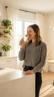 Woman in gray ribbed sweater drinking water from glass in bright kitchen with potted plants and natural light, suitable for wellness and lifestyle content.