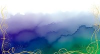 Watercolor gradient background transitioning from purple to blue to green with decorative golden flourishes on sides, isolated on white for design projects.