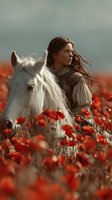 Young woman with flowing hair embracing white horse in vibrant red poppy field under dramatic sky for romantic fantasy storytelling concepts.