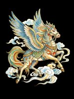 Ornate winged horse with golden and blue decorative patterns, isolated on transparent background. Ready for t-shirts, clipart, stickers, sublimation, and print-on-demand designs.