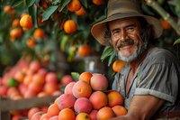 Smiling senior farmer with straw hat harvesting fresh oranges and peaches in orchard, showcasing seasonal fruit cultivation.