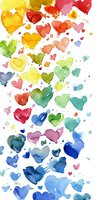 Colorful watercolor hearts floating in rainbow pattern on white background, with splashes and drops creating romantic artistic composition for valentines cards.