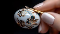 Delicate hand painting floral pattern on Easter egg with gold paint and brush, showing artistic process of traditional folk art decoration on white porcelain surface.