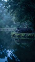 Peaceful hippo resting on mossy riverbank under overhanging tree branches with calm water reflections in serene natural habitat during twilight hours.