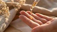 Golden serum drops from pipette into cupped hands with dried flowers on neutral fabric background for skincare and beauty wellness routine.