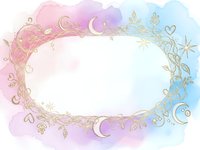 Watercolor frame with gold celestial elements, moons, stars and floral ornaments on pastel background for wedding invitations and romantic designs.