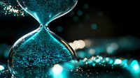 Glowing turquoise hourglass with sparkling particles and bokeh lights against dark background creates magical atmosphere for time concept designs.