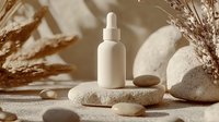 Minimalist cosmetic dropper bottle on stone podium with pebbles and dry plants in warm beige tones. Natural skincare spa concept for beauty products.