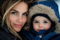 Young mother and toddler son in winter clothing share intimate moment outdoors during snowfall, close-up portrait showing genuine connection and joy.