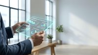 Businessman using transparent holographic tablet displaying data analytics and charts in modern office environment for digital transformation and future technology.