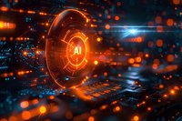 Futuristic AI artificial intelligence concept with glowing orange neural network circuits and digital data streams in cyberpunk technology environment.