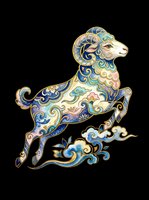 Ornate leaping ram with gold outlined floral and cloud motifs in blue and pink tones, isolated on transparent background, ready for stickers, sublimation, and t-shirt design.