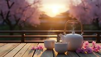 Traditional tea ceremony setup on wooden deck with cherry blossoms at sunset, peaceful zen meditation moment for wellness and mindfulness concepts.
