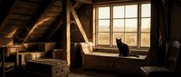 Black cat sitting on windowsill in rustic attic space with wooden beams, warm sunlight streaming through large window pane, vintage interior design setting.