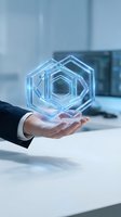 Businessman hand holding glowing blue hexagonal hologram in modern office environment representing digital transformation and innovative technology solutions.