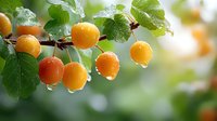 Fresh ripe yellow plums hanging on tree branch with green leaves covered in morning dew drops. Organic stone fruit harvest in summer orchard ready for picking.
