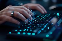 Female hands typing on illuminated gaming keyboard with blue backlight while digital network visualization floats above, representing cybersecurity and technology.