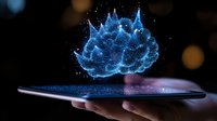 Glowing blue holographic cloud floating above smartphone screen with sparkles and bokeh effects on dark background, futuristic technology concept.
